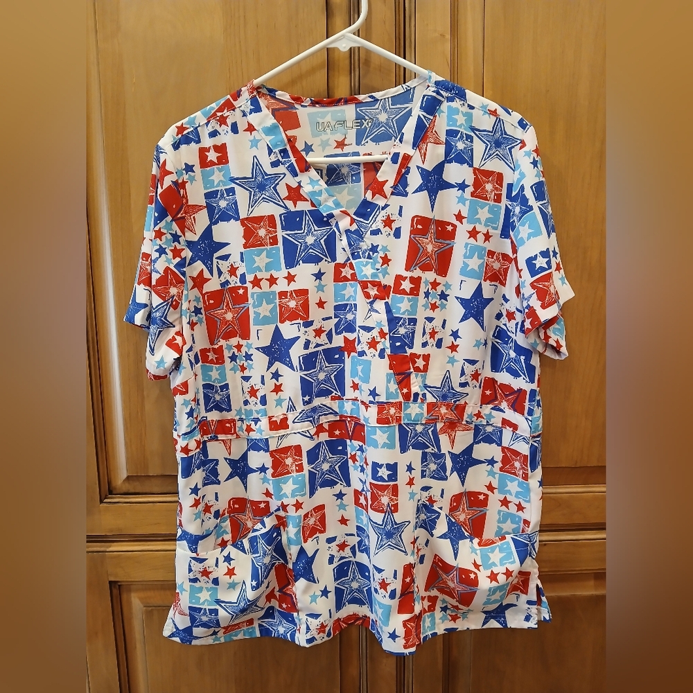 UA Scrubs Red and Blue Star Print Top